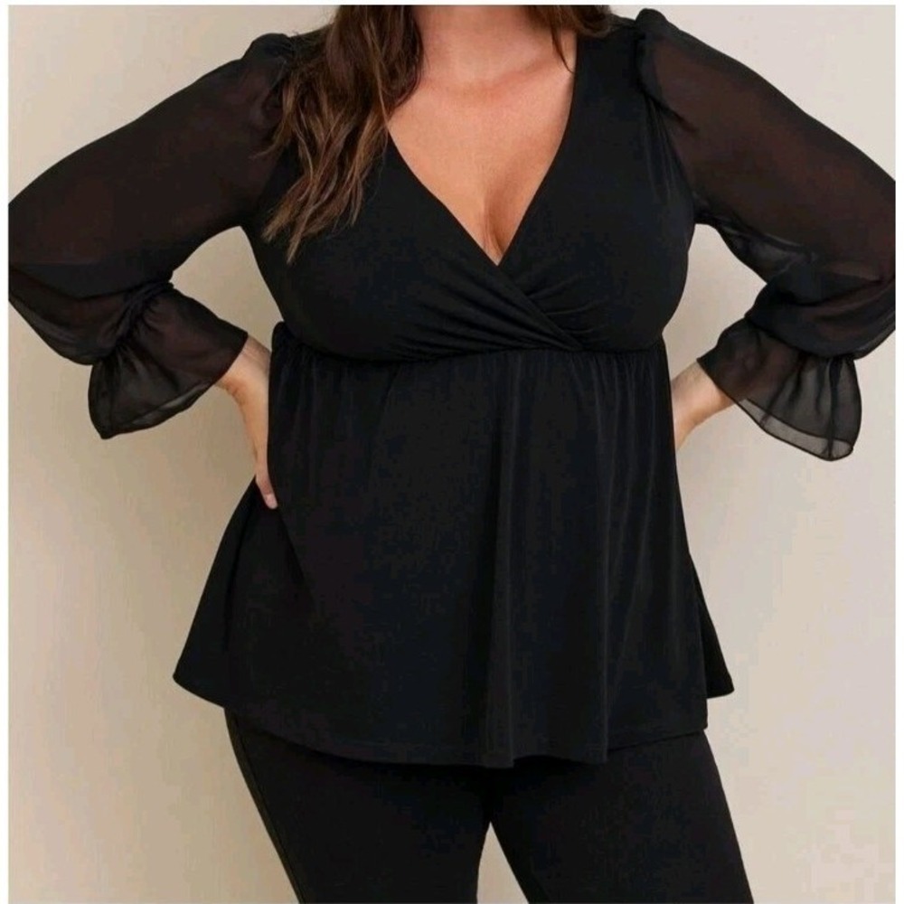 TORRID Black Studio Knit Semi-Sheer Sleeve Babydoll Gothic Going Out Bouse‎ 1X